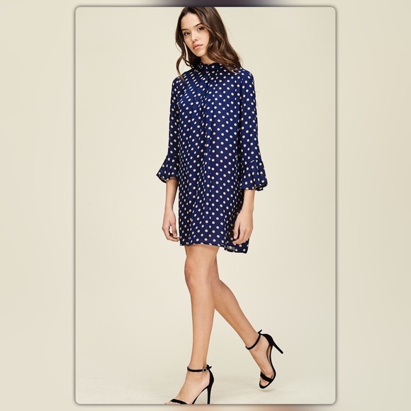 Navy Polka Dot Pleated Trumpet Sleeve Dress - Picture 2 of 4